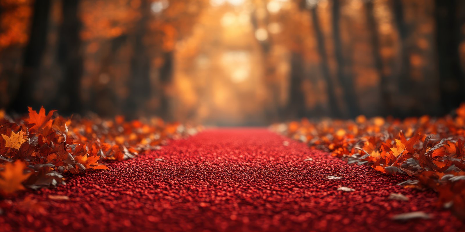 Vibrant autumn path lined with red carpet and colorful leaves in tranquil forest setting